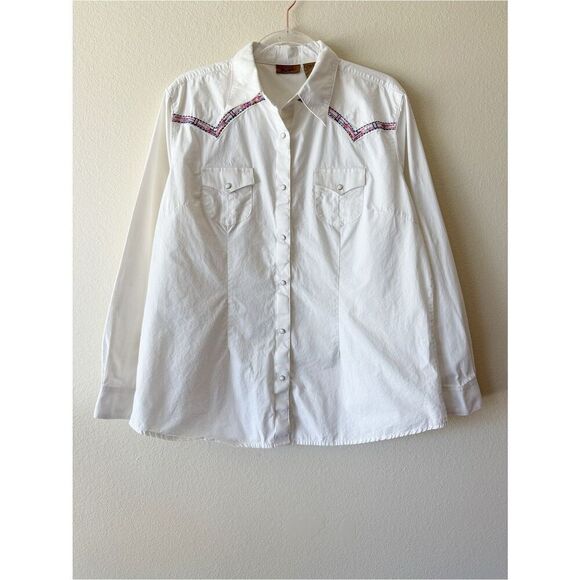 Wrangler Tops - Wrangler Western Pearl Snap Button Down Shirt Cotton Embroidered Yoke Boho
